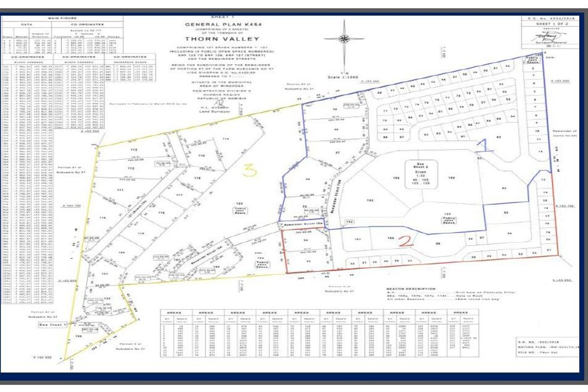 A detailed general plan for the Thorn Valley township, outlining land subdivisions, street layouts, and erf numbering for the agricultural property.