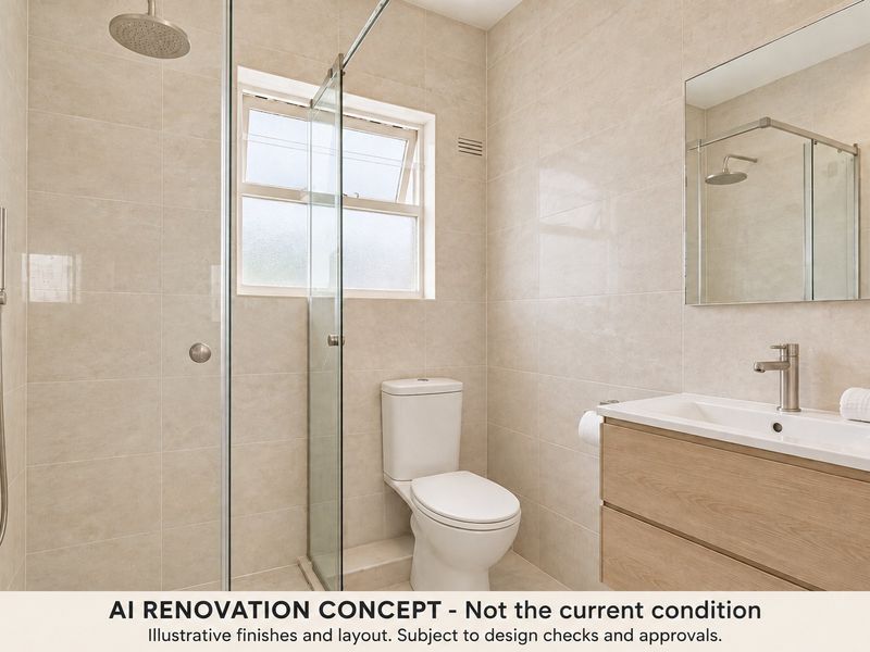 Modern bathroom featuring a walk-in shower with glass screen, contemporary vanity with basin, and neutral wall tiling.