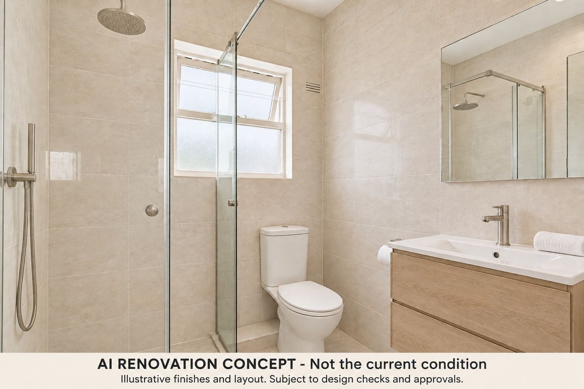 Modern bathroom featuring a walk-in shower with glass screen, contemporary vanity with basin, and neutral wall tiling.