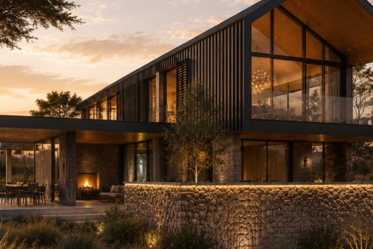 A modern architectural residence featuring stone masonry, dark metal cladding, expansive glass windows, and a covered patio with an integrated outdoor fireplace.