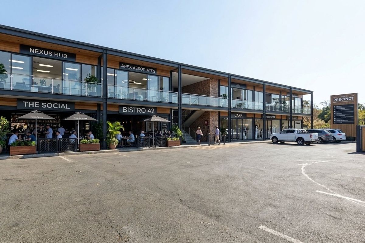 Modern mixed-use commercial building featuring a steel and glass facade, upper-level balconies, and a paved parking area with established retail and office tenants.