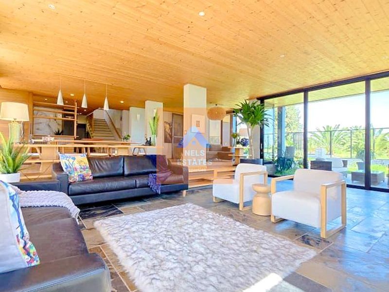 Spacious open-plan living area featuring a warm timber-clad ceiling, natural stone flooring, and expansive floor-to-ceiling glass doors opening to the outdoors.