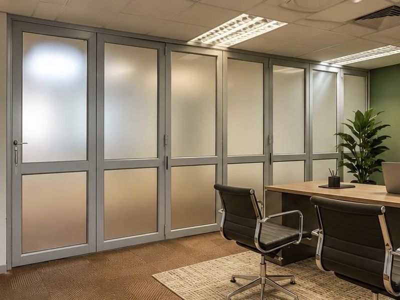 A professional office space featuring a modern frosted glass partition, recessed ceiling lights, and a clean, contemporary aesthetic with an accent wall.