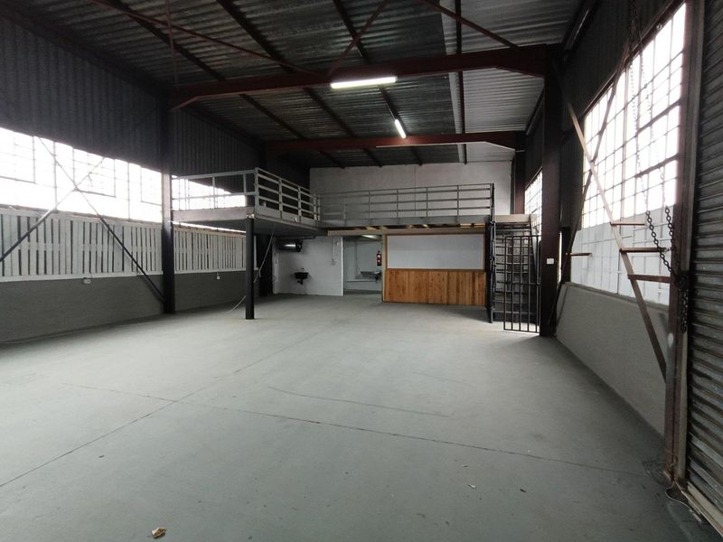Spacious industrial utility area featuring a mezzanine level, exposed steel roof trusses, concrete flooring, and large industrial windows providing ample natural light.