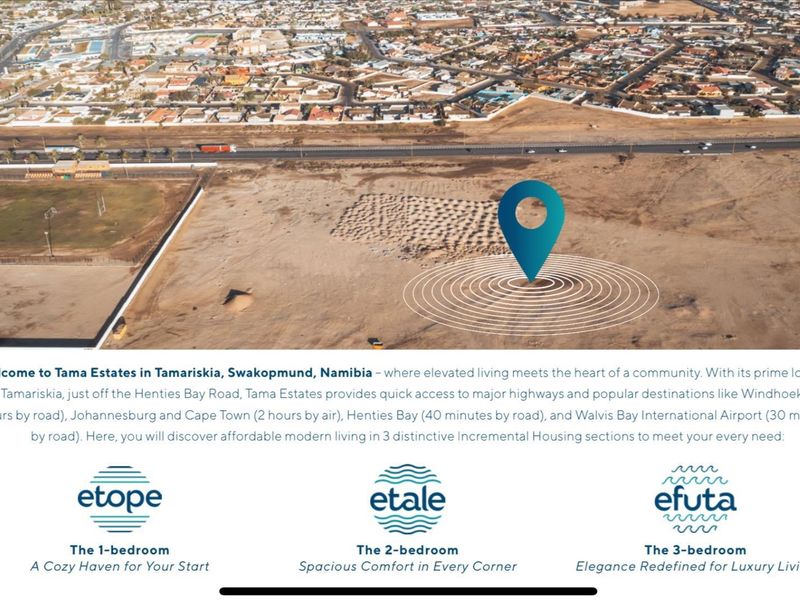 Aerial view of the Tama Estates development site in Tamariskia, Swakopmund, showcasing the location and surrounding infrastructure.