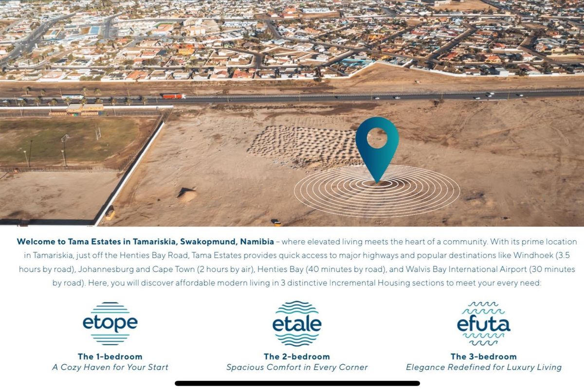 Aerial view of the Tama Estates development site in Tamariskia, Swakopmund, showcasing the location and surrounding infrastructure.
