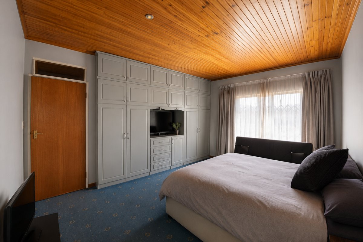 Spacious bedroom featuring extensive built-in cabinetry, a warm timber tongue and groove ceiling, and large windows with security gates.