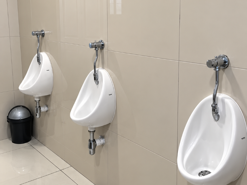 A clean, modern commercial bathroom featuring three wall-mounted white ceramic urinals with chrome flush valves and neutral-toned tiled walls and flooring.
