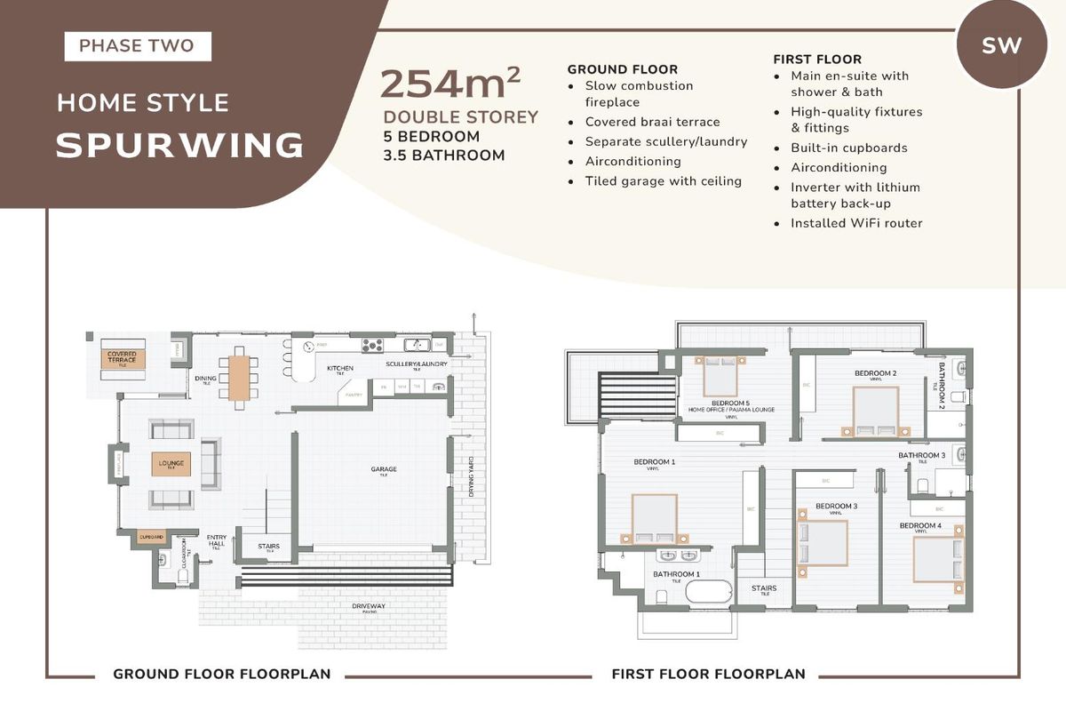 Architectural floor plan for a 254m2 double-storey home featuring five bedrooms, 3.5 bathrooms, a covered braai terrace, and a double garage.