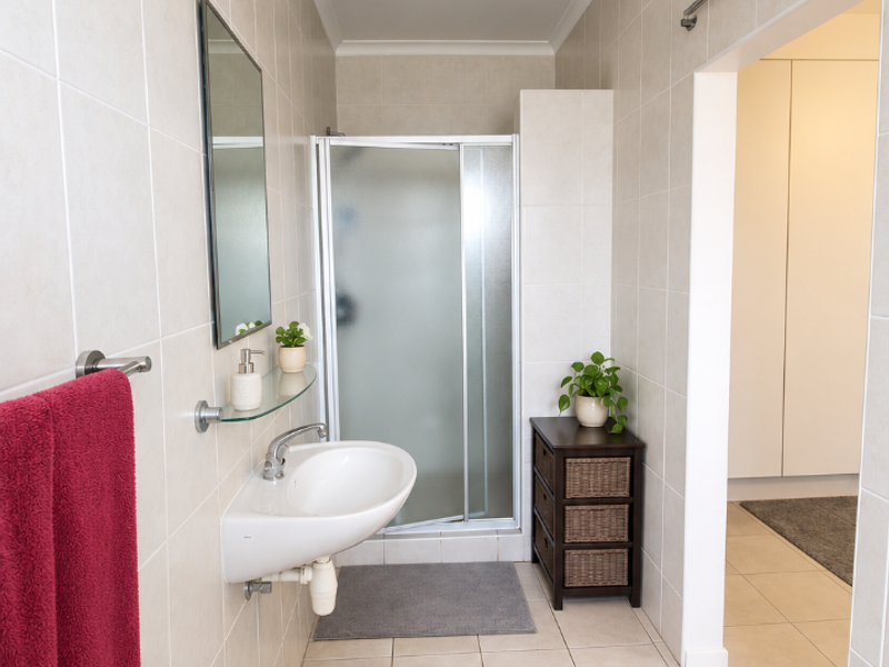 A clean, functional bathroom featuring a wall-mounted basin, a shower enclosure, and neutral floor-to-ceiling wall tiling.