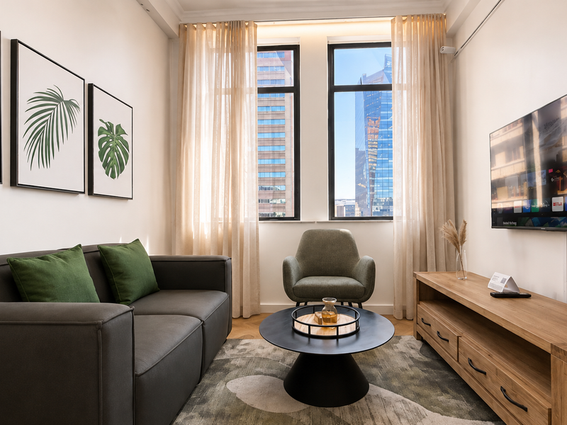 A well-lit, modern living room featuring large windows with city views, hardwood flooring, and a wall-mounted television.