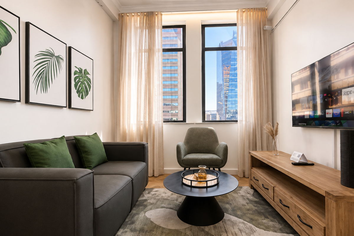 A well-lit, modern living room featuring large windows with city views, hardwood flooring, and a wall-mounted television.