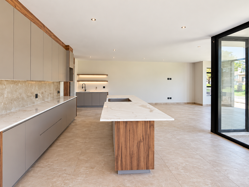 Spacious open-plan kitchen featuring modern cabinetry, stone countertops, a central island, and large sliding glass doors leading to the outdoor area.