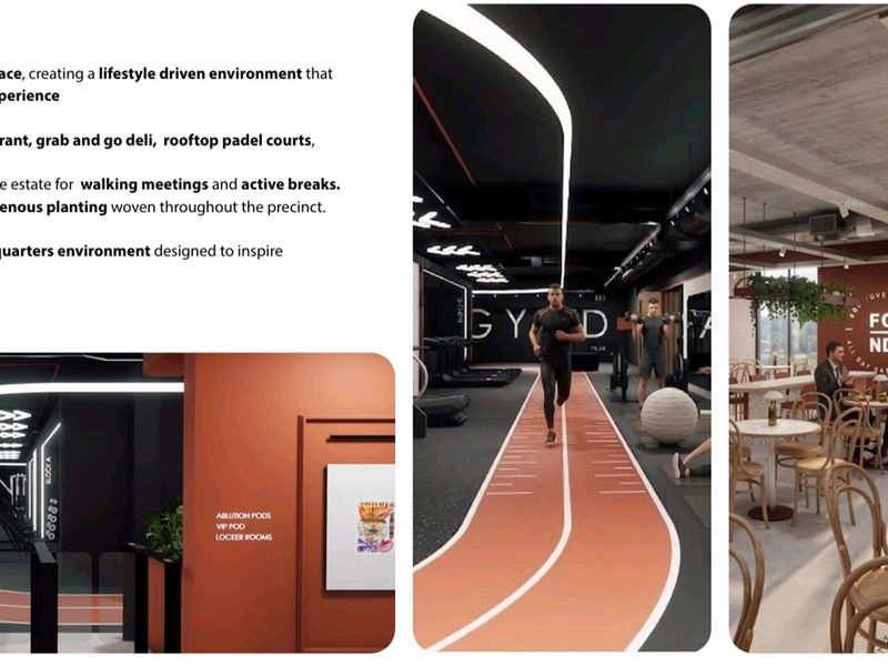 A professional presentation of a modern industrial business park featuring a high-performance gym, amenity hub, and dining facilities.