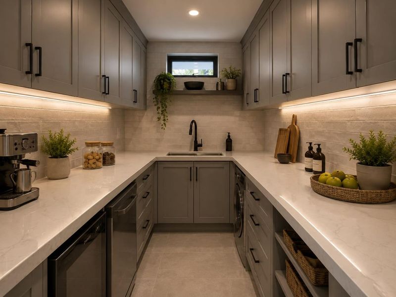 A modern, well-appointed scullery featuring grey shaker-style cabinetry, quartz countertops, integrated appliances, and elegant matte black fixtures with ambient under-cabinet lighting.