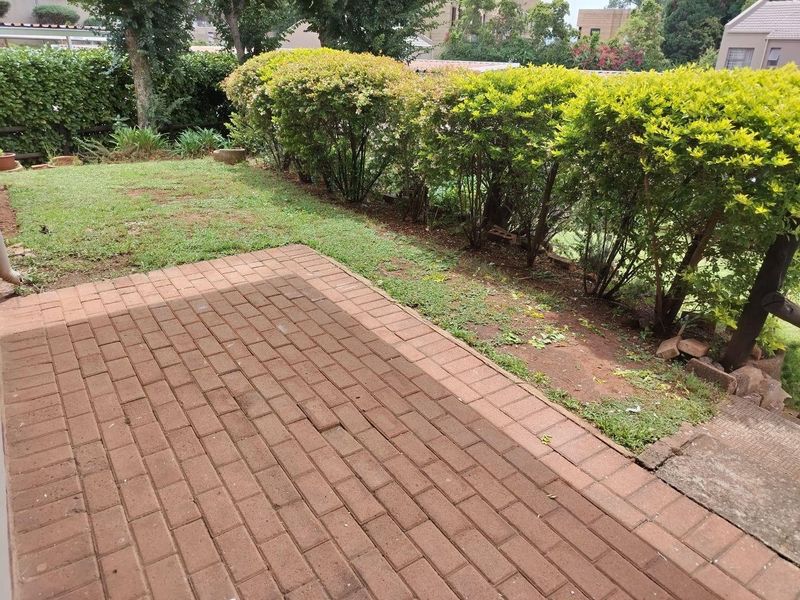 A rear garden area featuring a brick-paved patio space bordered by established hedges and a lawn area.