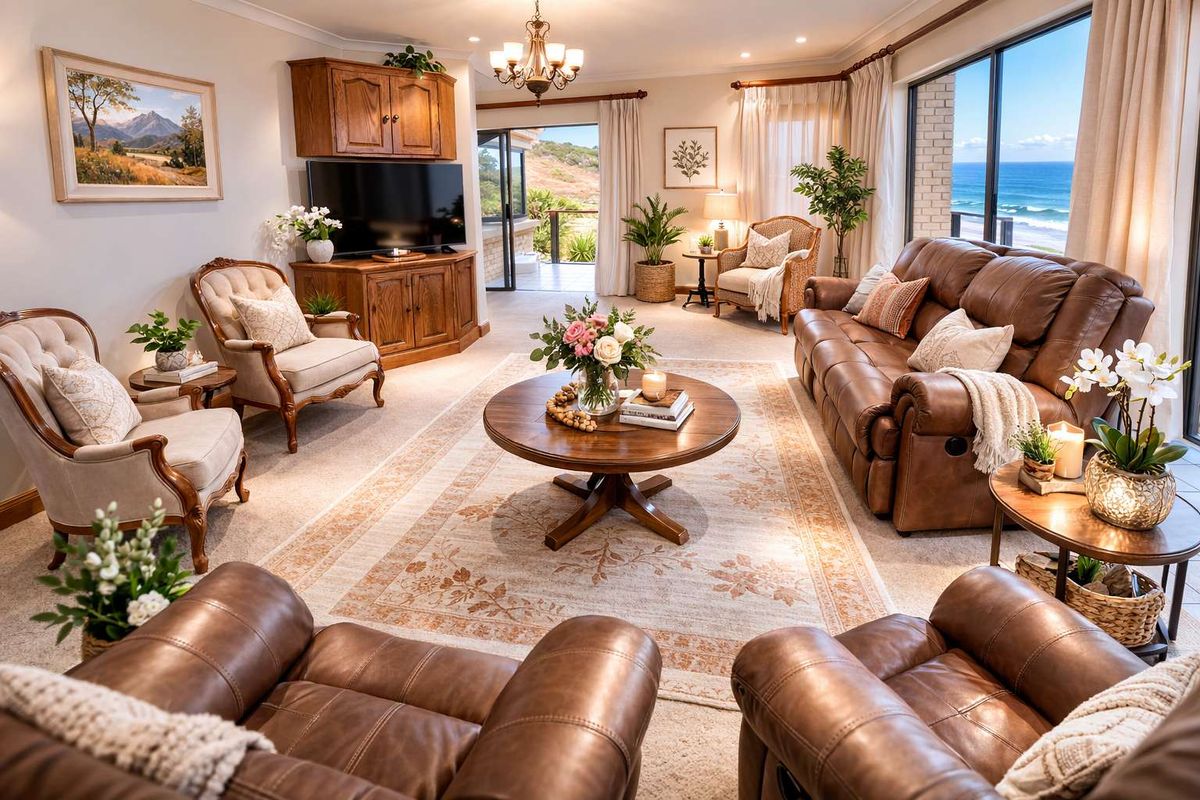 Spacious living room featuring large sliding glass doors with ocean views, neutral carpeting, and access to an outdoor patio area.