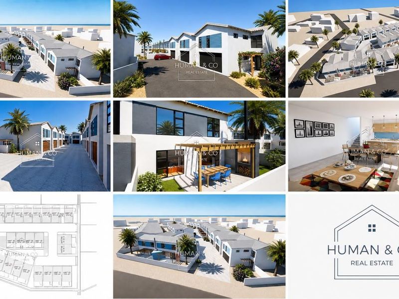 A promotional collage showcasing architectural renderings of a townhouse development, including site plans, exterior elevations, and interior living spaces.