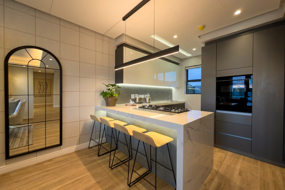 Modern kitchen featuring a marble-look waterfall island with integrated gas hob, sleek dark cabinetry, and contemporary pendant lighting.
