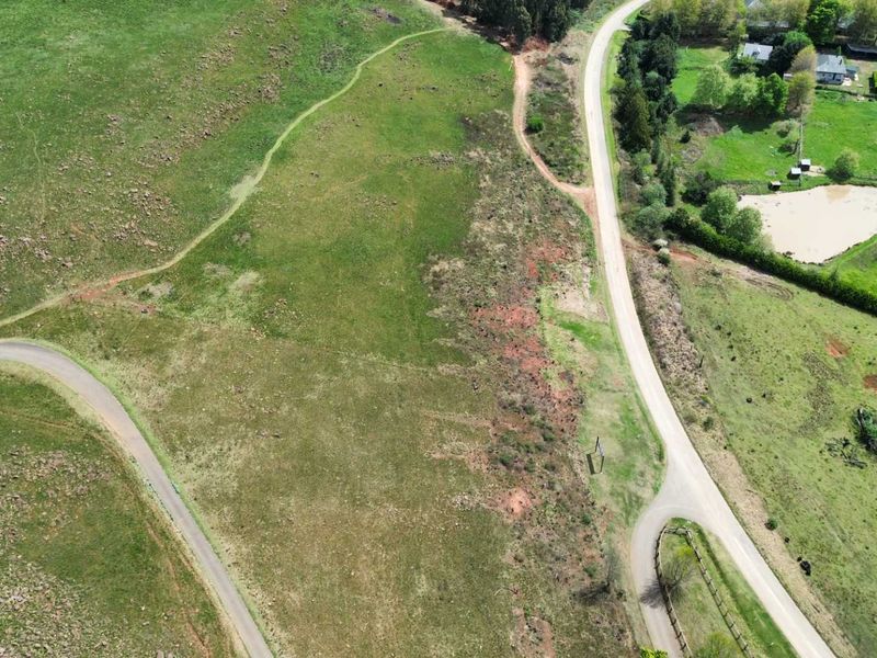 An aerial view of a vacant residential land plot featuring natural grassland, surrounding vegetation, and adjacent paved road access.