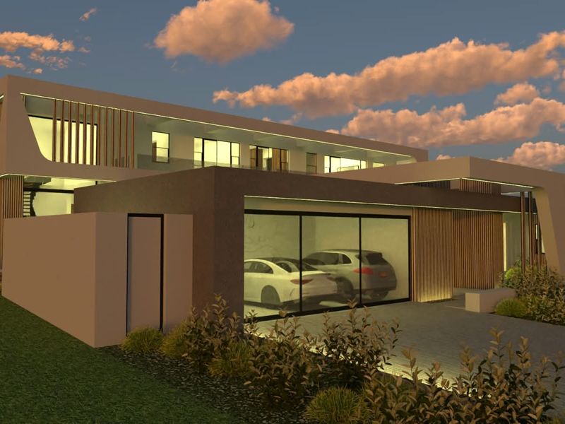 A modern architectural exterior featuring a sleek facade with timber accents, integrated lighting, and a glass-fronted garage at dusk.