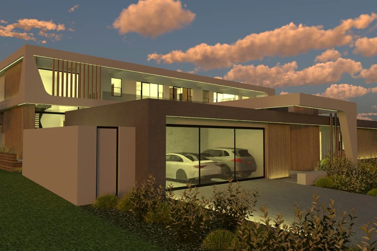 A modern architectural exterior featuring a sleek facade with timber accents, integrated lighting, and a glass-fronted garage at dusk.