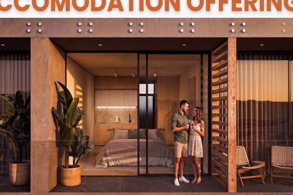 Modern open-plan hotel suite featuring a seamless transition between the bedroom area and a private balcony with contemporary timber and glass finishes.