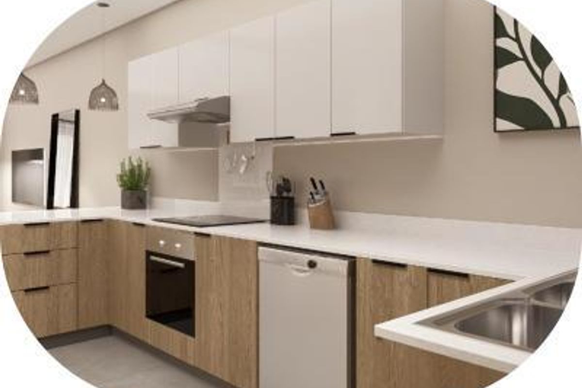 Modern kitchen featuring light wood-grain cabinetry, white stone countertops, integrated oven, extractor fan, and a stainless steel sink.
