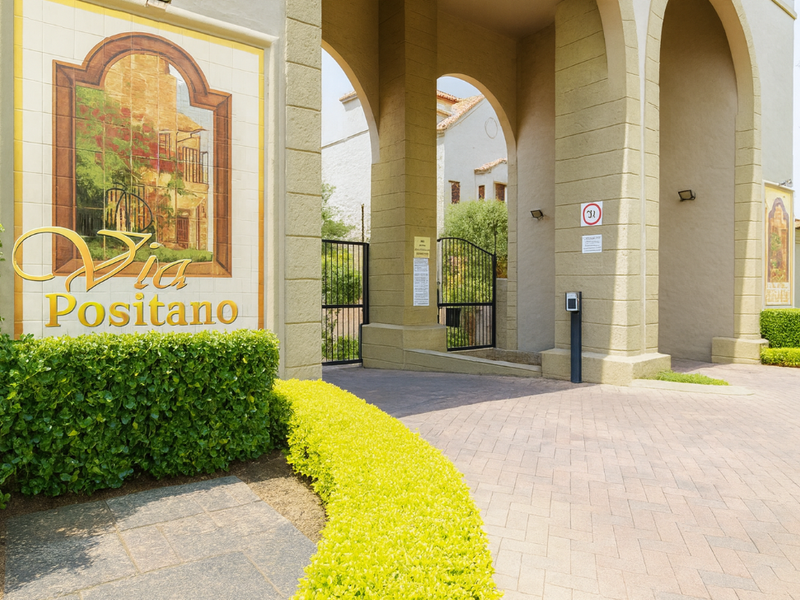 The entrance to Via Positano featuring a paved driveway, decorative mural, and secure gated access with architectural archways.