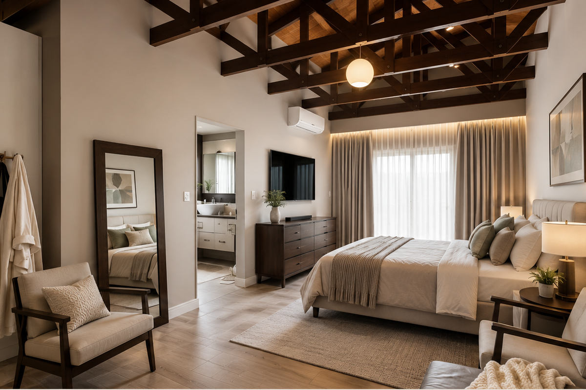 Spacious bedroom featuring exposed timber ceiling trusses, integrated wardrobe cabinetry, and an en-suite bathroom, creating a warm and inviting atmosphere.