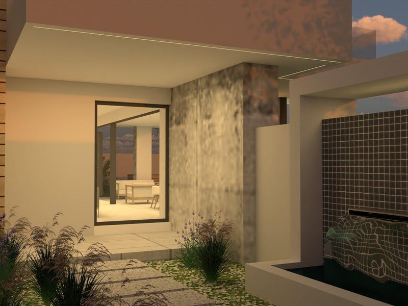 Modern rear exterior featuring a contemporary water feature, tiled accent wall, timber cladding, and a paved garden walkway leading to the main living area.