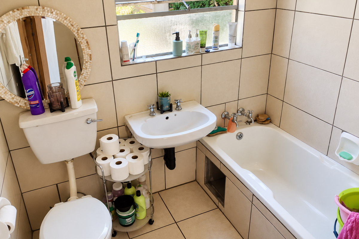 A compact bathroom featuring a standard bathtub, wall-mounted basin, and toilet with neutral wall and floor tiling throughout.
