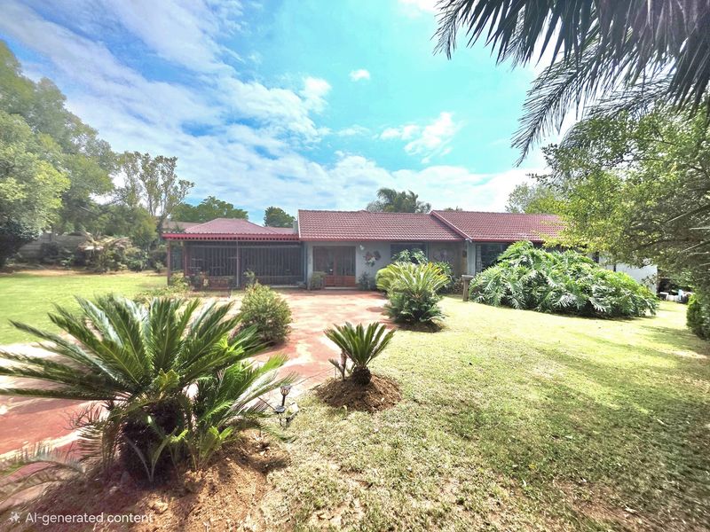 A rear view of the residential property featuring a tiled roof, a covered patio area, and a spacious landscaped garden with paved courtyard.