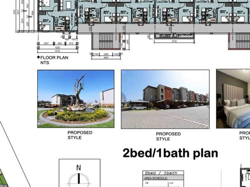 A digital screenshot of a residential development site layout, including floor plans, proposed architectural styles, and a site map.