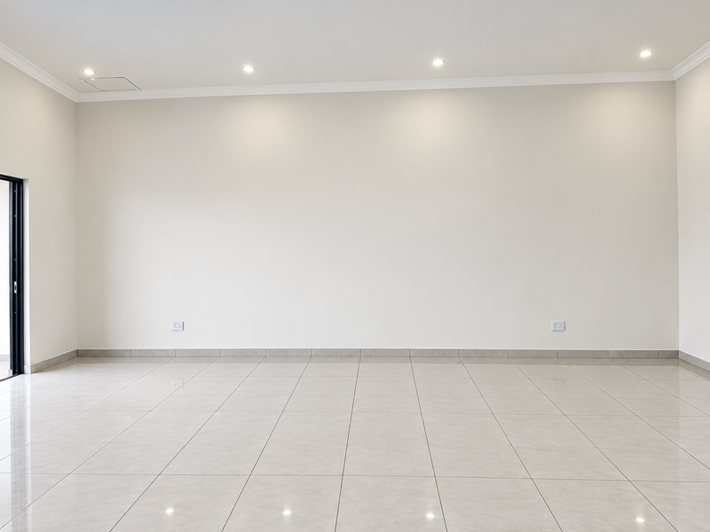 A bright, spacious, and empty living area featuring neutral tiled flooring, recessed downlighting, and clean, well-maintained wall finishes.