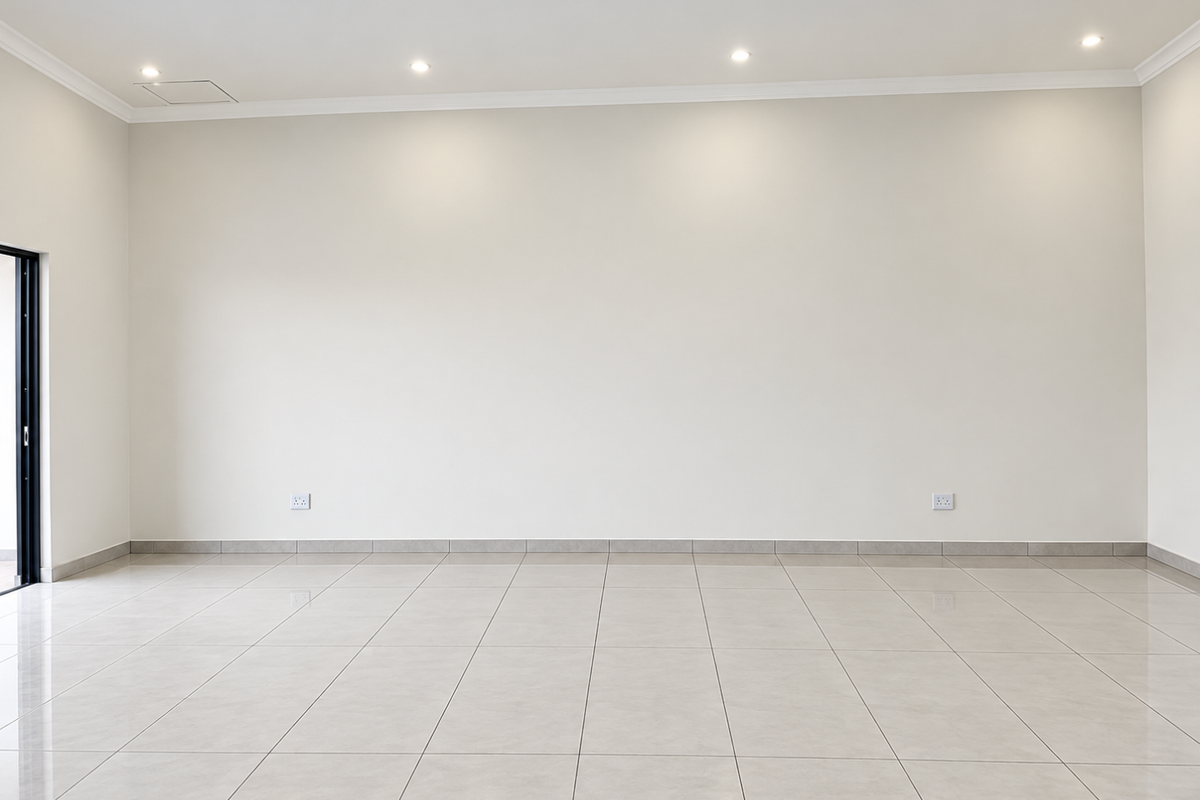 A bright, spacious, and empty living area featuring neutral tiled flooring, recessed downlighting, and clean, well-maintained wall finishes.