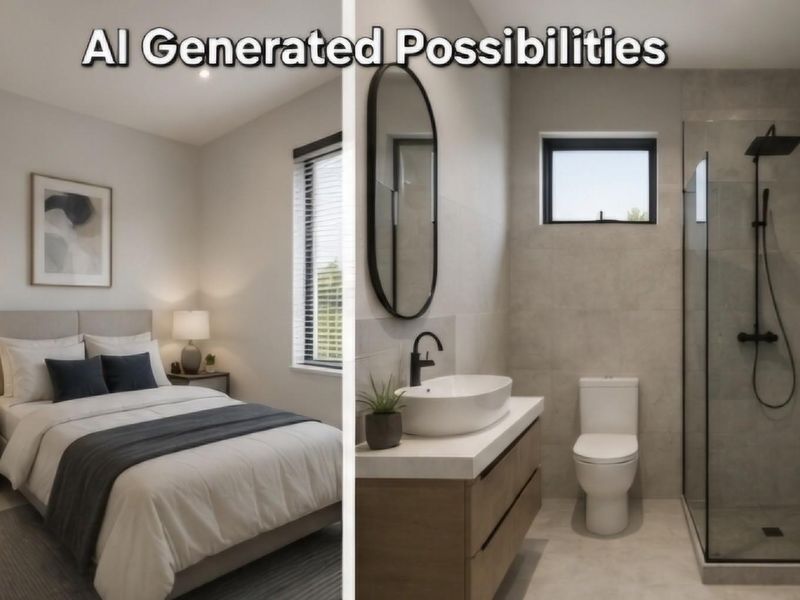 A split-view image showcasing a bedroom and a modern bathroom with contemporary fixtures and neutral tiling.