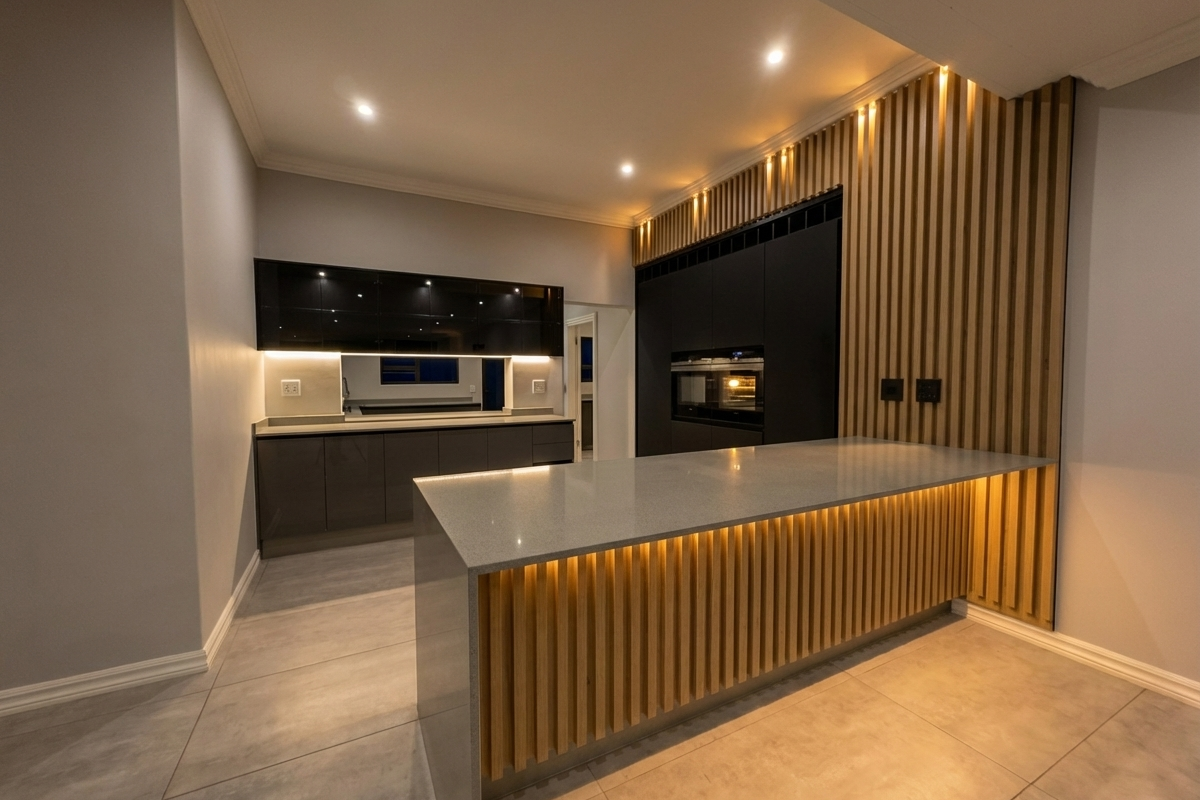 Modern kitchen featuring a large stone-topped island with timber slat detailing, integrated oven, sleek cabinetry, and ambient under-cabinet and island lighting.