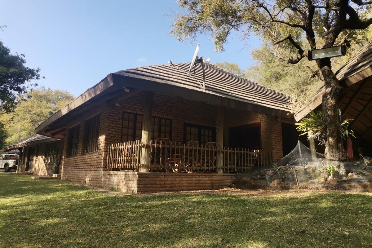 Rear view of a rustic brick house featuring a covered patio, tiled roof, and established garden surroundings.