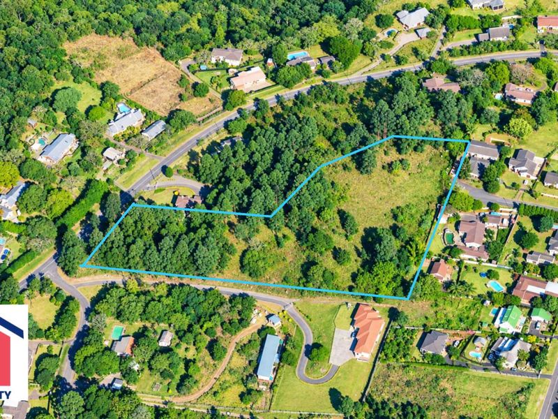 An aerial view of a vacant residential plot featuring established trees and natural vegetation, situated within a developed suburban neighborhood.