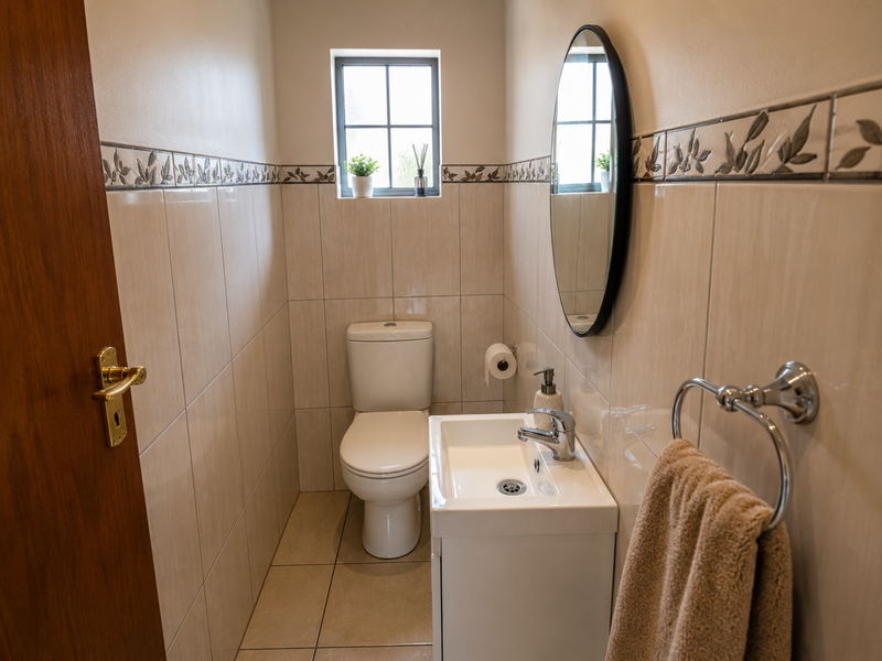 A compact, well-maintained guest bathroom featuring neutral wall and floor tiles, a modern vanity basin, and a toilet.