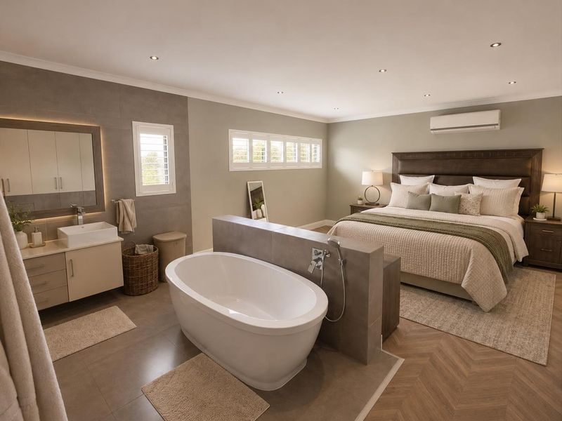 Spacious open-plan master bedroom featuring an integrated ensuite with a modern freestanding bathtub, vanity, and high-quality finishes throughout.