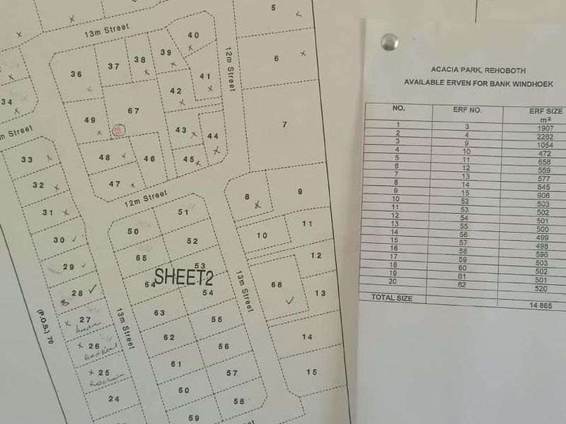 A site layout plan for Acacia Park, Rehoboth, detailing erf numbers and corresponding plot sizes for available residential land.