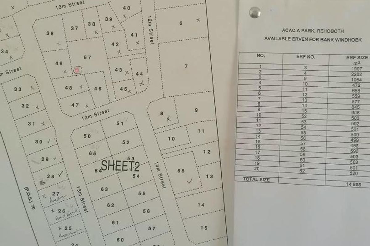 A site layout plan for Acacia Park, Rehoboth, detailing erf numbers and corresponding plot sizes for available residential land.