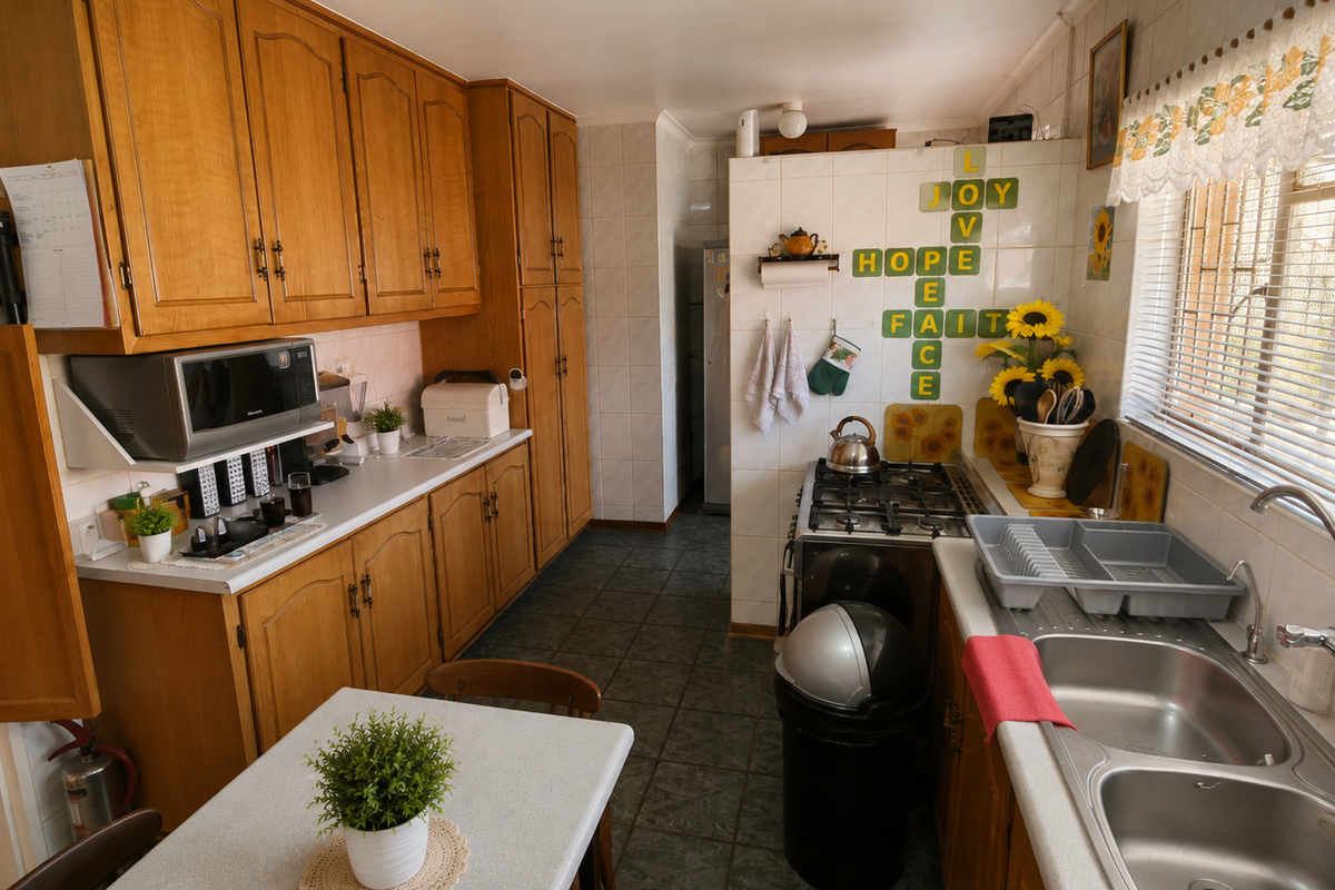 A functional kitchen featuring traditional wooden cabinetry, a gas hob, built-in oven, and a double stainless steel sink with tiled finishes throughout.