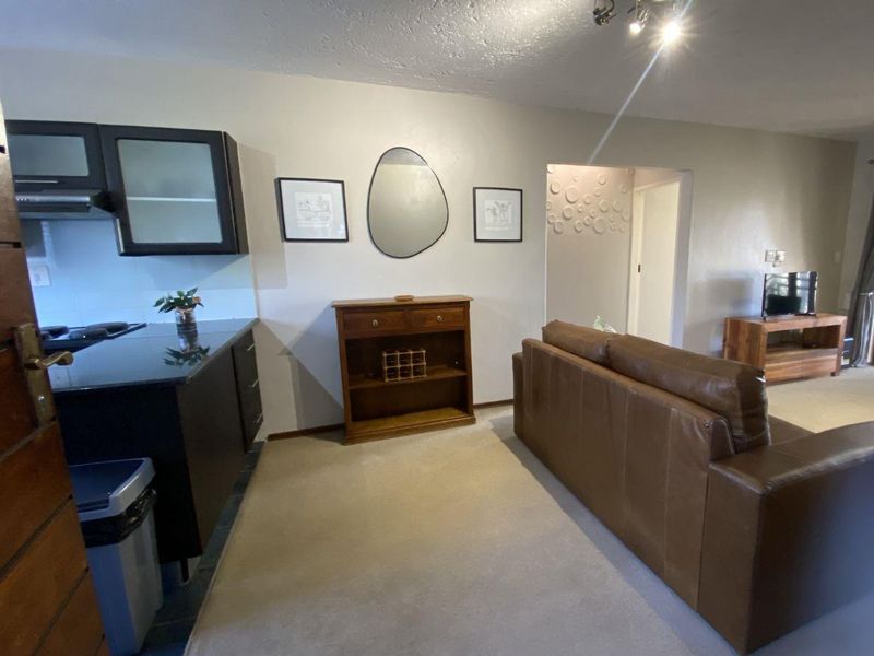 Open-plan living area featuring a compact kitchen with dark cabinetry, granite countertops, and integrated hob, flowing into a carpeted lounge space.