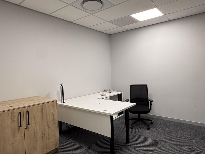 A clean, professional office space featuring a suspended ceiling, recessed lighting, and modern carpeted flooring, suitable for a productive work environment.
