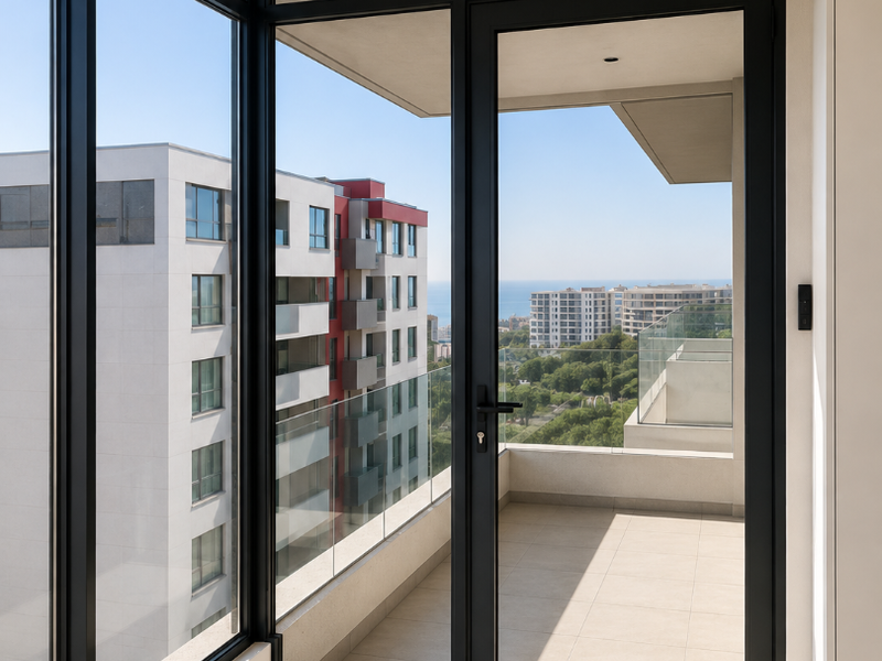 A modern, empty balcony featuring black aluminium framed glass doors, tiled flooring, and a glass balustrade with views of the surrounding urban landscape.