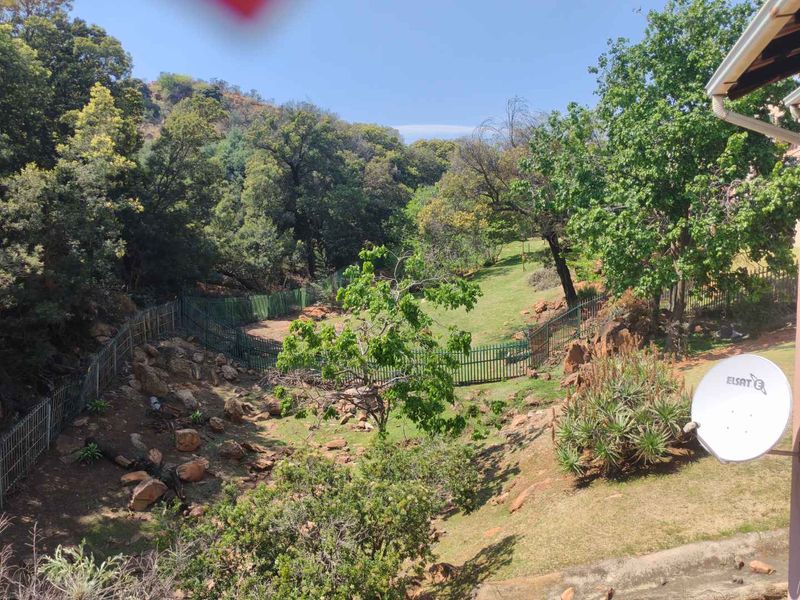A scenic view overlooking a natural garden area with mature trees, rocky terrain, and secure perimeter fencing.