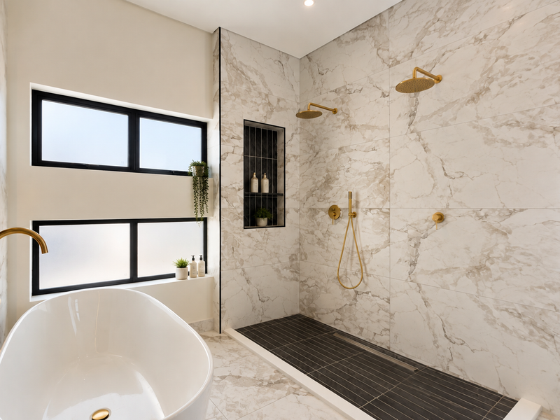 Modern luxury bathroom featuring a freestanding bathtub, spacious walk-in shower with dual brass shower heads, and elegant marble-look tiling.